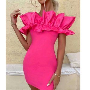 Pink Statement Ruffle Detail of the shoulder Bodycon Mini Dress